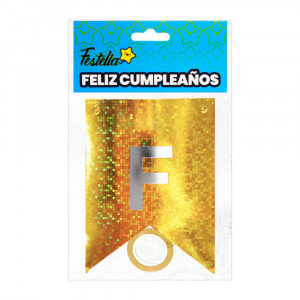 BANDERIN FELIZ CUMPLEAÑOS HOLOGRAMA DORADO