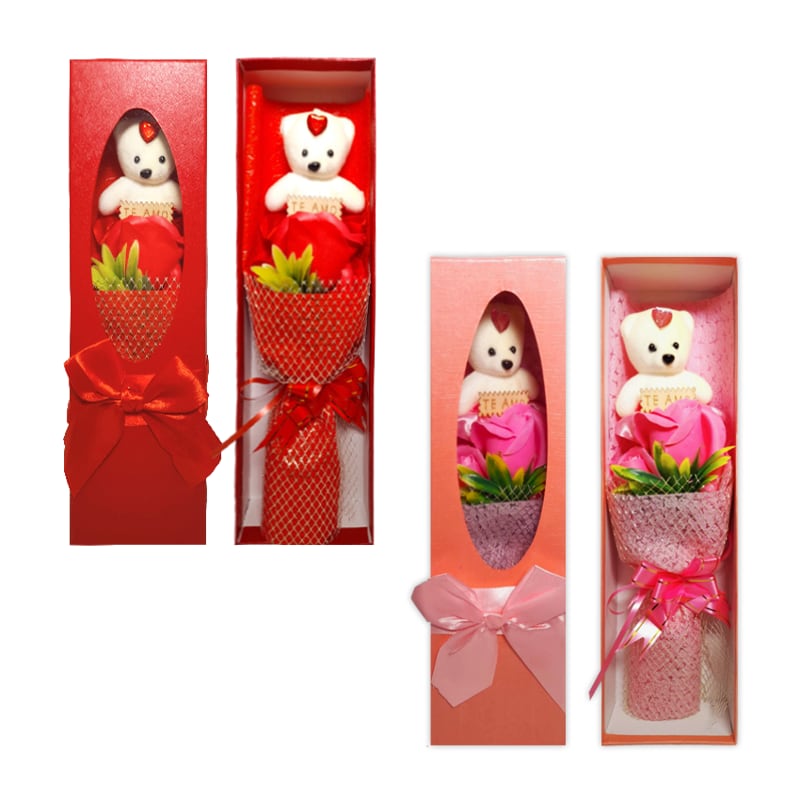 ADORNO ROSAS X3 CON OSO EN CAJA: