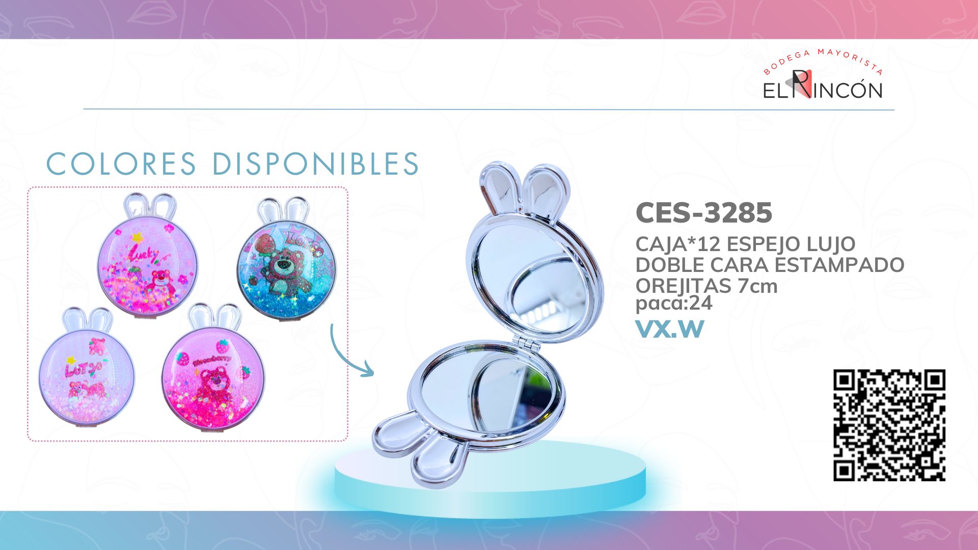 CAJA*12 ESPEJO LUJO DOBLE CARA ESTAMPADO OREJITAS BMR-3285