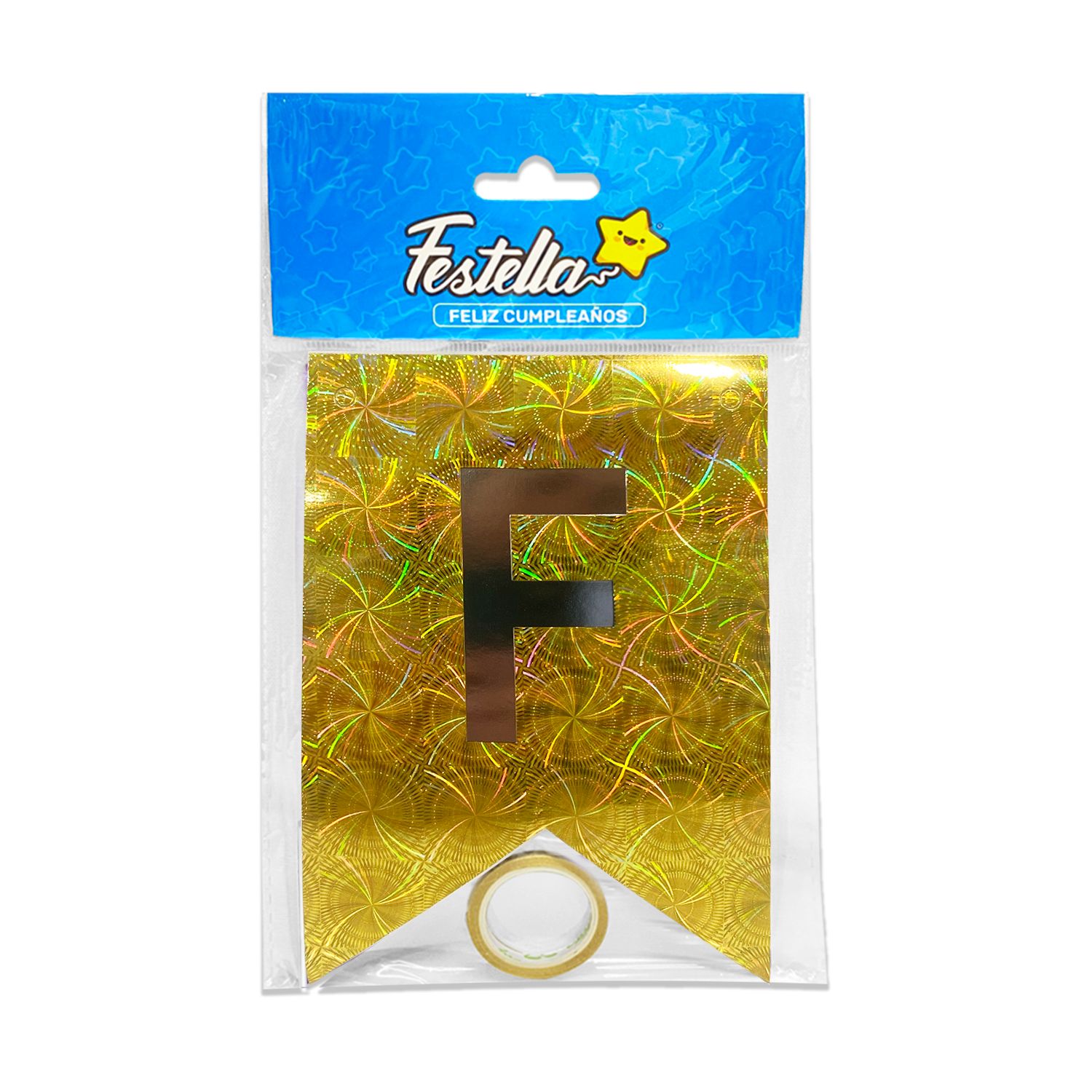 BANDERIN FELIZ CUMPLEAÑOS HOLOGRAMA DORADO (PQTX12)