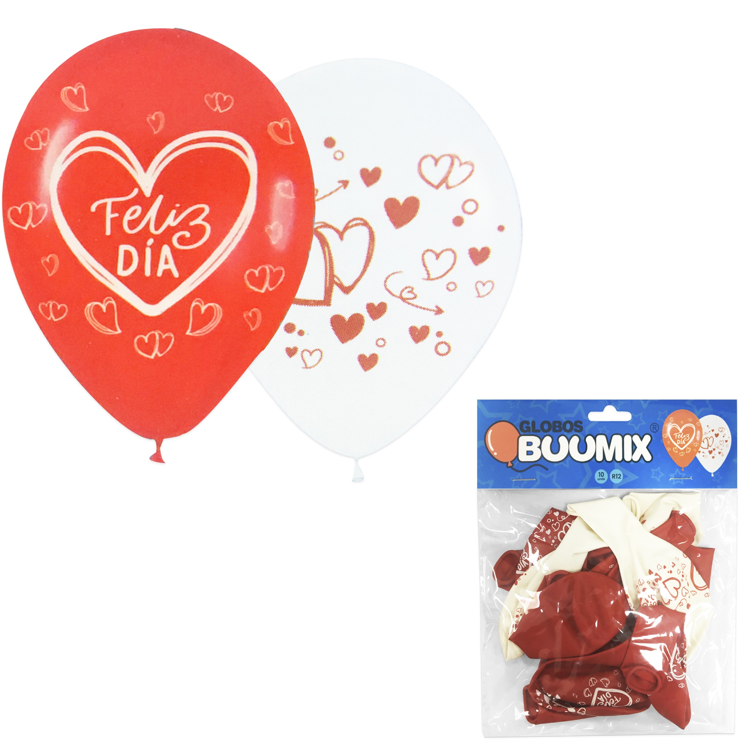 GLOBO DE LATEX CORAZON FELIZ DIA R12 X10 R-B (PQTX12)